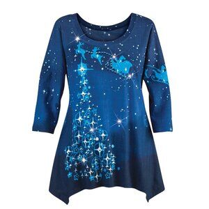 New XXL Blue Santa's Big Night Sparkling Sequin Christmas SharkBite Knit Tunic